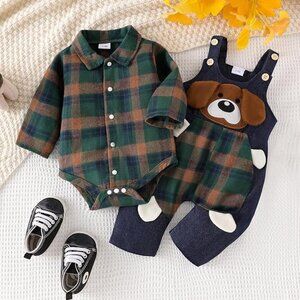 Baby Boy Clothes Infant Outfits Long Sleeve Plaid Bodysuit Romper Jeans Overalls